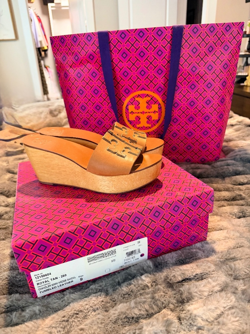 Tory Burch Ides Wedge Slide Calf Leather British Tan sz 8.5